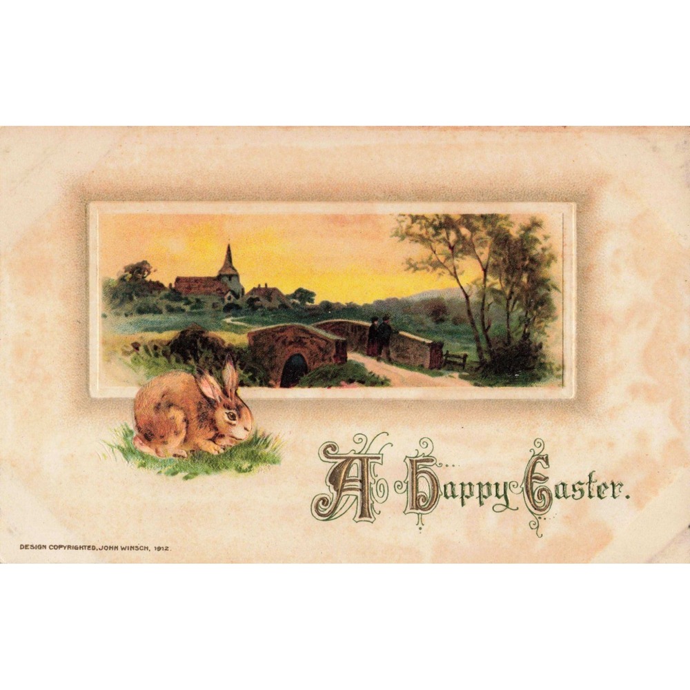 Vintage 1912 John Winsch A Happy Easter Postcard Rabbit Bridge Landscape Germany - Picture 1 of 2
